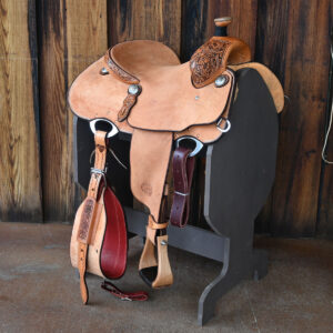 14 inch calf roping western saddle with floral tooling