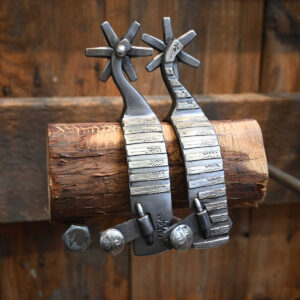 Silver mounted 6 point rowel western spurs