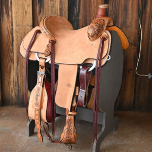14.5 inch team roping western saddle with poinsettia tooling