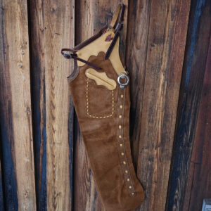 Leather western shotgun chaps with tooled yokes